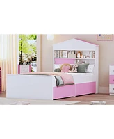 Twin Size House-Shaped Wooden Bed with Storage Shelf on the Headboard, Built-in Two Storage Drawers, Brown