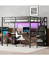 Full Xl Size Loft Bed with L-shaped Desk and Usb, Metal Loft Bed with Wardrobe and Adjustable Shelf, High Loft Bed with Led for Kids Teens Adults, Bla