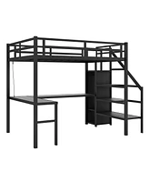 Streamdale Furniture Full Xl Size Loft Bed with L-shaped Desk and Usb, Metal Loft Bed with Wardrobe and Adjustable Shelf, High Loft Bed with Led for K