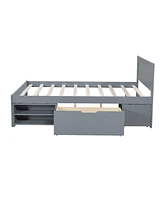 Full Size Platform Bed With Drawer And Two Shelves, Gray