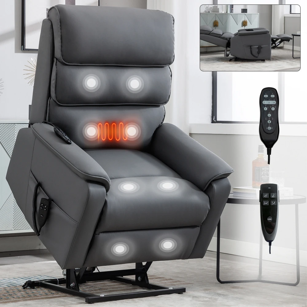 Grey Cat-proof Leather Dual Motor Infinite Position Up to 350 Lbs Power Lift Recliner Chair with Power-Remote, Heat Massage and Heavy Duty Motion Mech