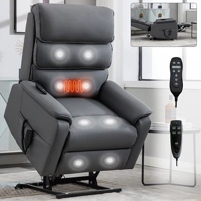 Grey Cat-proof Leather Dual Motor Infinite Position Up to 350 Lbs Power Lift Recliner Chair with Power-Remote, Heat Massage and Heavy Duty Motion Mech