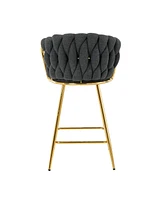 Modern design High stool Gold Plated legs Kitchen Dining Dark grey linen bar chair, suitable for Cafe Bar Restaurant (set of 2)
