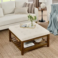 Upholstered Coffee Table Tufted Linen Large Square Ottoman with Beech Wood Shelf and Frame, Oversized Footrest Ottoman for Living Room,Office,Bedroom,