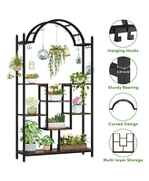 Tribesigns 74.8'' Arched Metal Flower Shelf with Hanging Hooks,5-Tier Tall Indoor Plant Stand