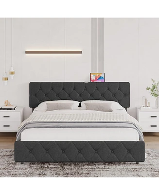 gaomon Queen Size Bed Frame with Charging Station,Tufted Upholstered Headboard