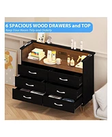 gaomon Dresser For Bedroom With Led Light & Charging Station, 6 Wooden Drawers Dressers With 2-Tier Open Shelves