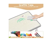 gaomon Kids Table and 6 Chairs Set with Storage Box, Height Adjustable Toddler Table and Chair Set for Ages 2-10, Graffiti Desktop, Non-Slip Legs