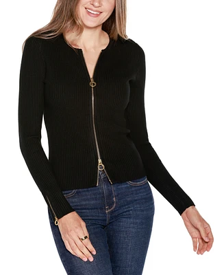 Belldini Women's Black Label Ribbed Double-Zip Cardigan Sweater