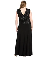 R & M Richards Plus Sequinned-Bodice V-Neck Gown