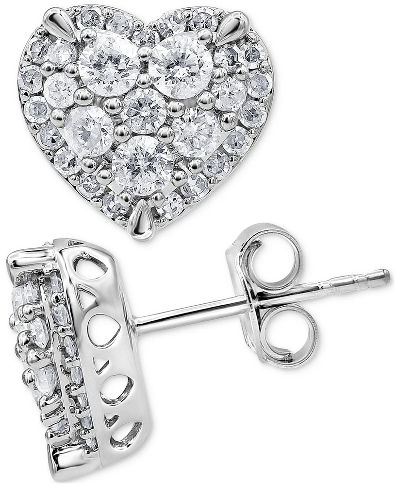 Diamond Heart Cluster Stud Earrings (1 ct. t.w.) in 14k White Gold