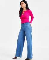 I.n.c. International Concepts Women's Wide-Leg Rhinestone Denim Jeans, Exclusively at Macy's