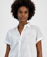 Tommy Hilfiger Women's Cotton Tonal-Plaid Short-Sleeve Camp Shirt