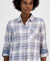 Tommy Hilfiger Women's Plaid Contrast Roll-Tab Shirt