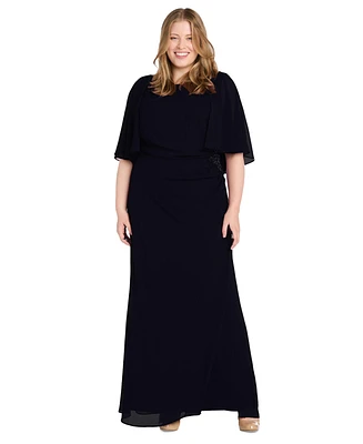 R & M Richards Plus Cape-Sleeve Embellished-Waist Gown