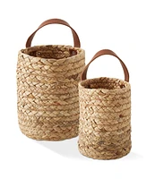 Casafield Set of 2 Wall Hanging Baskets with Handles (Small and Large) - Natural Water Hyacinth, Woven Boho Plant and Flower Storage Pots