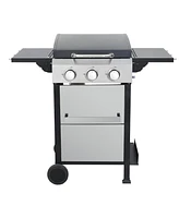 3-Burner Propane Gas Bbq Grill, Ss Plancha, 36900BTU Output With Wire Enamel Cooking Grids For Outdoor Barbecue, Foldable Side Table, Hanging Basket,