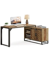 Tribesigns L-Shaped Computer Desk with Cabinet, 53-Inch Farmhouse Corner Desk with Sliding Barn Doors, Reversible L Shaped Office Desk Study Writing T