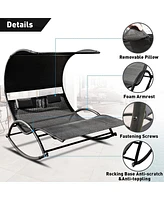 Slickblue Outdoor Double Chaise Lounge Bed Chair Sun Lounger with Canopy and Removable Pillows for Relaxation