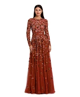 Mac Duggal Women's Embellished High Neck Long Sleeve A Line Gown