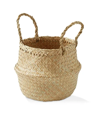 Casafield Seagrass Belly Basket with Handles - Small, Natural Woven Storage Bin Planter for Home Decor, Indoor Plant Pot Cover