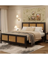 gaomon Queen Size Rattan Bed Frame with Headboard, Boho Cane Platform Bed Frame with Strong Metal Slat