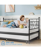 Twin Daybed with Pull-Out Trundle, Stylish Headboard and Metal Slats