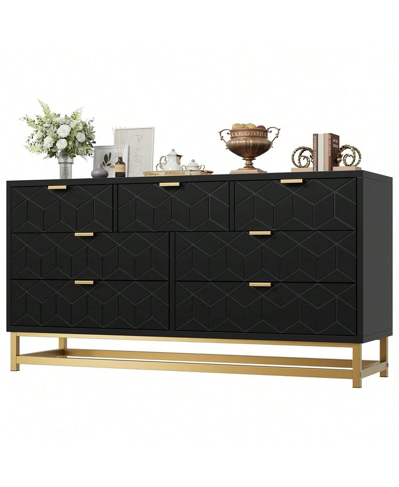 Dresser For Bedroom, Large 6/7 Drawer Dresser Organizer With Golden Metal Handle And Legs, Modern Chest Of Drawers, Large Dresser For Closet, Hallway,
