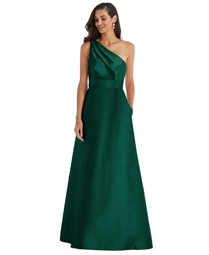 Alfred Sung Plus Draped One-Shoulder Satin Maxi Dress with Pockets