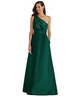 Alfred Sung Plus Draped One-Shoulder Satin Maxi Dress with Pockets