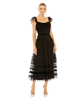 Women's Ruffle Cap Sleeve Embellished Tiered Midi Dress