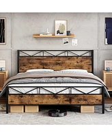 gaomon King Bed Frame, Metal Platform Frame with Rustic Wood Headboard