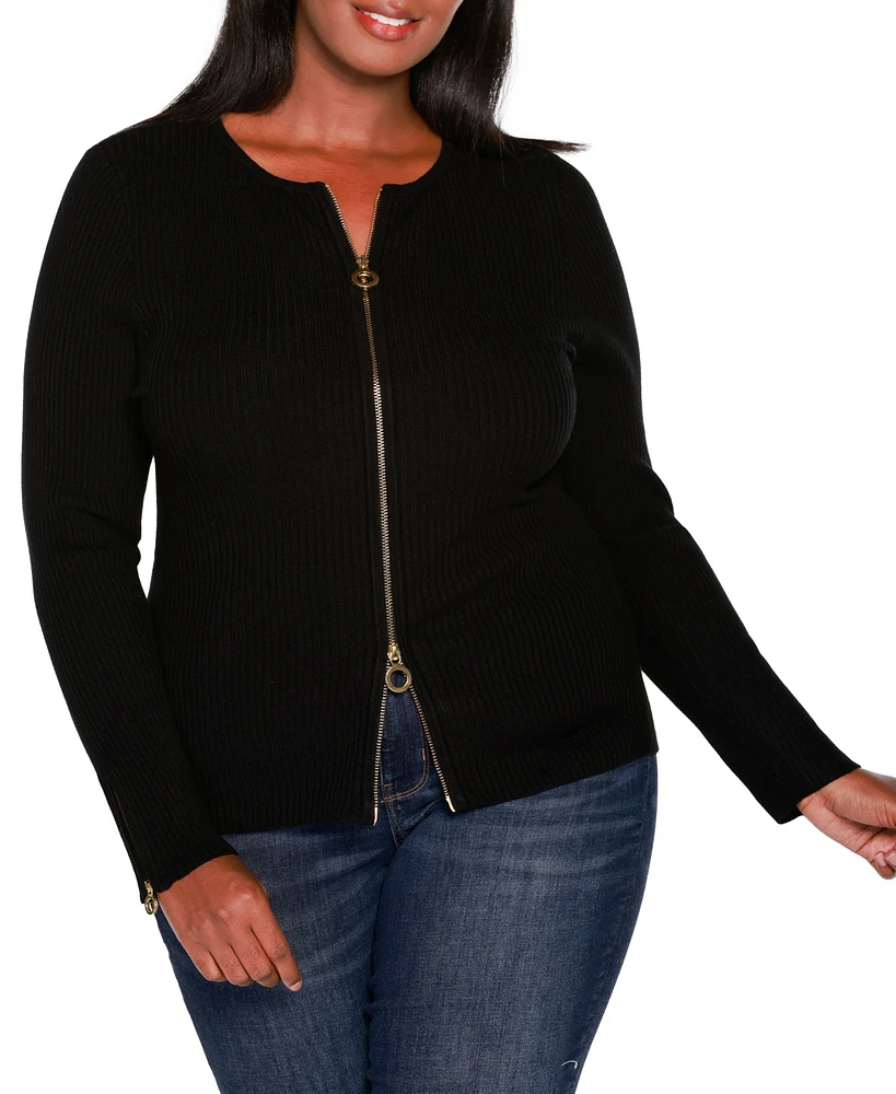 Belldini Plus Black Label Ribbed Double-Zip Cardigan Sweater