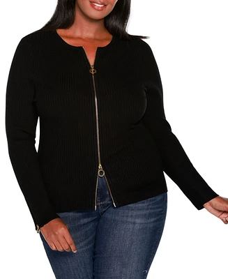 Belldini Plus Black Label Ribbed Double-Zip Cardigan Sweater