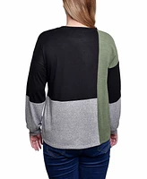 Ny Collection Petite Long Sleeve Colorblocked Boat Neck Top