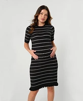 Marion Maternity Knee Length Striped Cotton Knit Nursing Sweater Dress