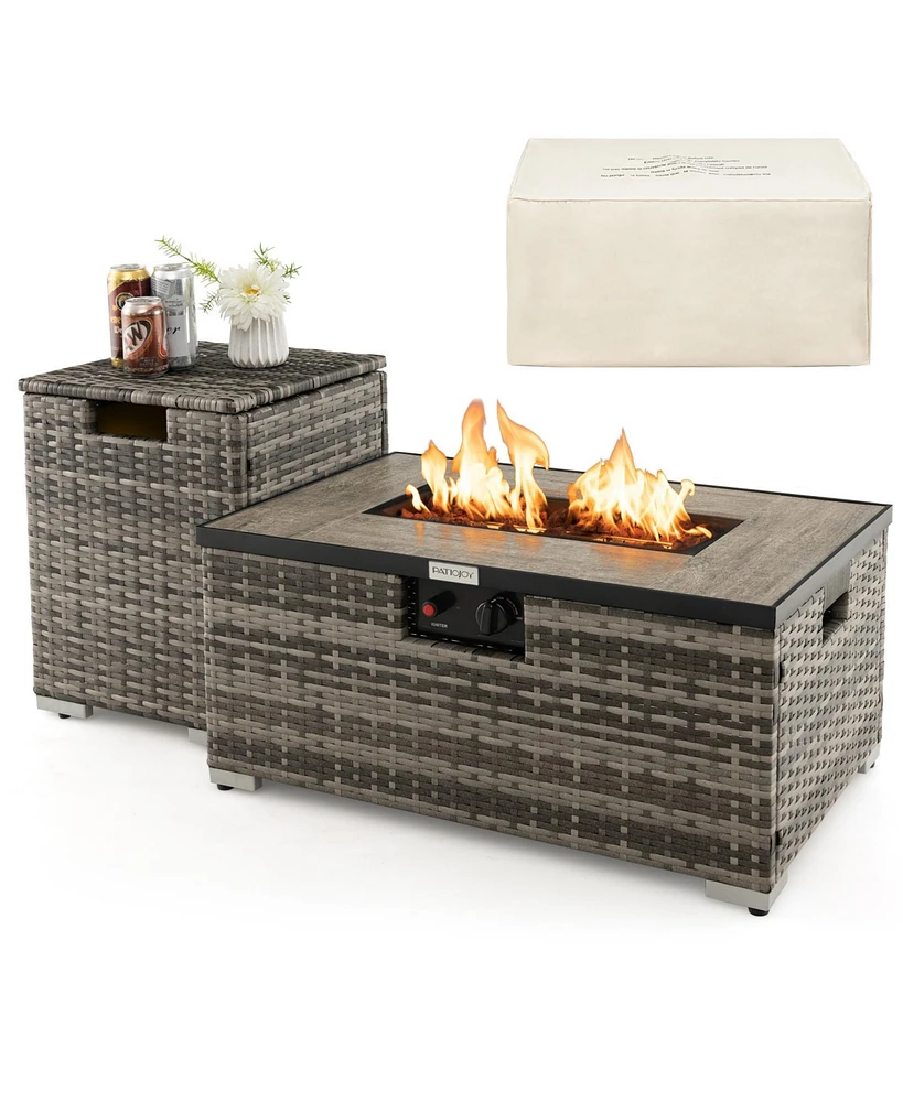 Sugift 32 x 20 Inch Propane Rattan Fire Pit Table Set with Side Table Tank and Cover