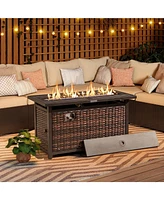 Sugift 45 Inch Propane Rattan Firepit Table with Glass Stones and Protective Cover-Mixed Brown