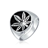 Bling Jewelry Mens Silver Ring with Cannabis Leaf Medallion Oxidized Sterling Silver Handmade