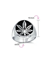 Bling Jewelry Flat Round Signet Ring Cannabis Leaf Medallion Oxidized .925 Sterling Silver