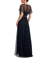 Mac Duggal Women's V Neck Embellished Flutter Sleeve A Line Gown