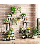 Tribesigns 6-Tier Metal Curved Display Shelf with 2 Hanging Hooks, Multi-Purpose Bonsai Flower Pots Plant Rack Pack of 2