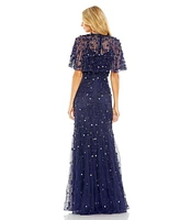 Mac Duggal Women's Embellished Illusion Cape Sleeve Trumpet Gown