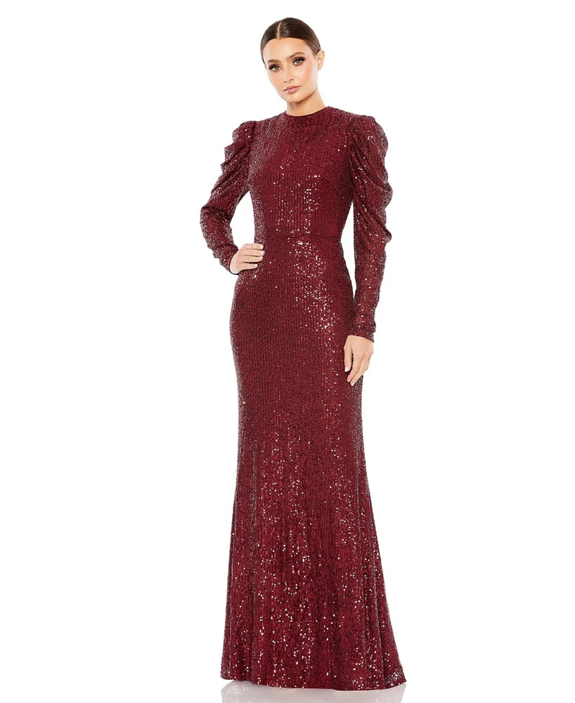 Mac Duggal Women's Sequined High Neck Puff Long Sleeve Column Gown