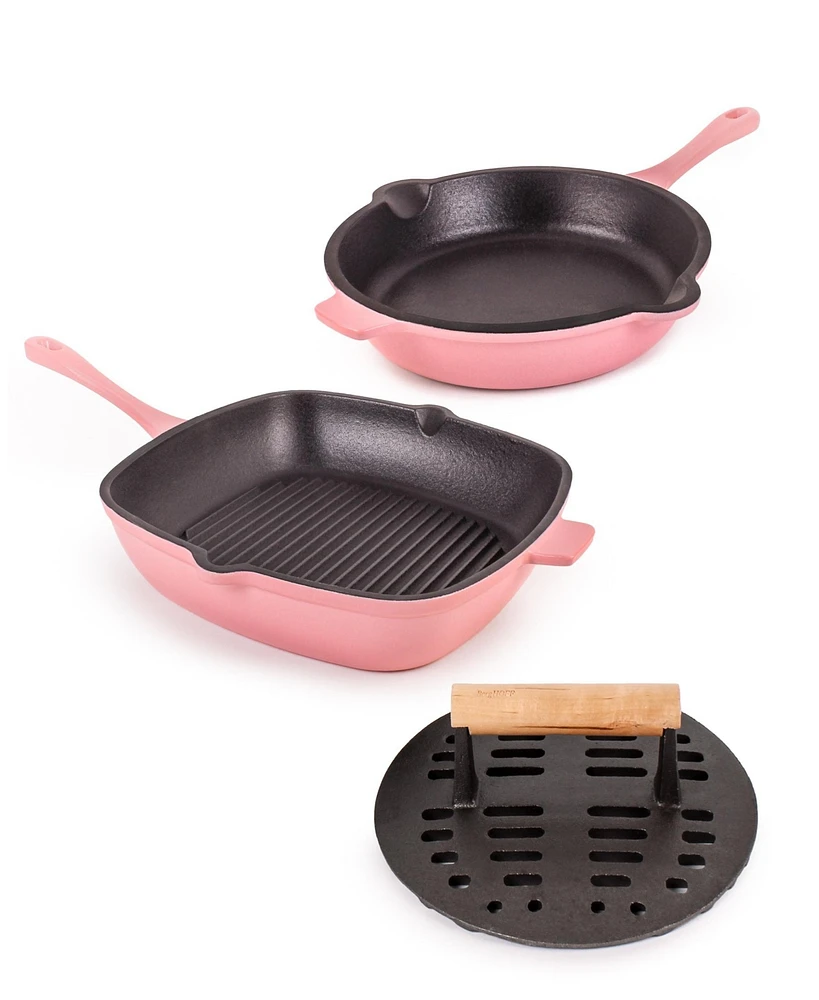 BergHOFF Neo 3pc Cast Iron Fry Pan & Grill Pan Set with Slotted Steak Press