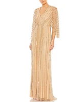 Mac Duggal Women's Beaded Striping Kimono Sleeve V Neck Gown