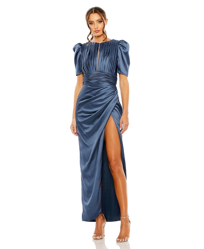 Mac Duggal Women's Puff Sleeve Pleated Bodice Draped Gown