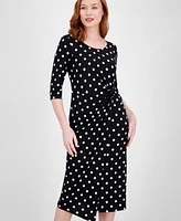 Connected Women's Dot-Print Faux-Wrap 3/4-Sleeve Midi Dress