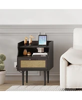 gaomon Rattan Nightstand Set of 2, Modern Side Table with Charging Station