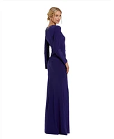 Mac Duggal Women's Long Sleeve Jersey Ruched Gown With Beaded Neck